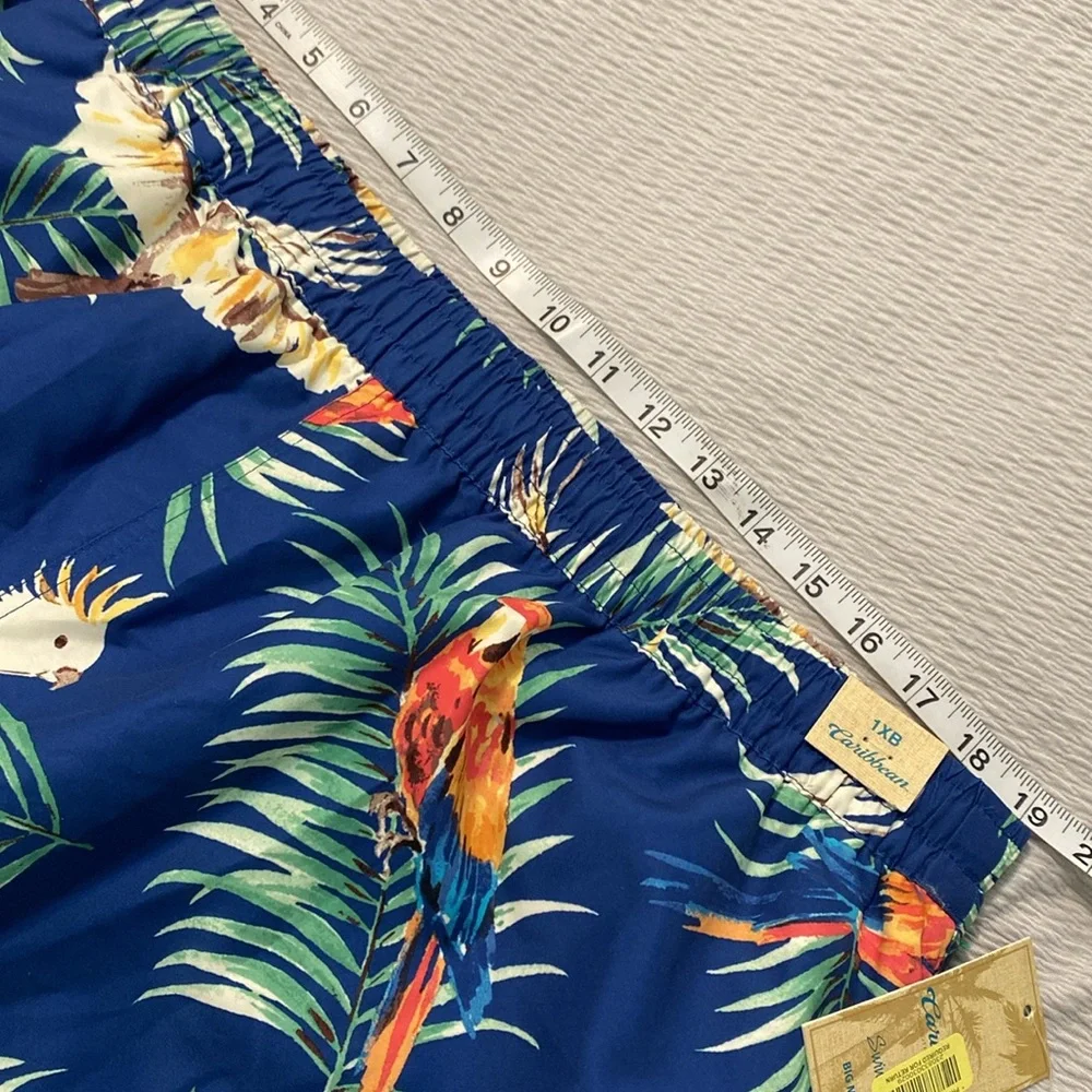 Caribbean Swim Trunks Mens 1XB Blue Tropical‎ Parrot Print Beach Cruise Pool NWT